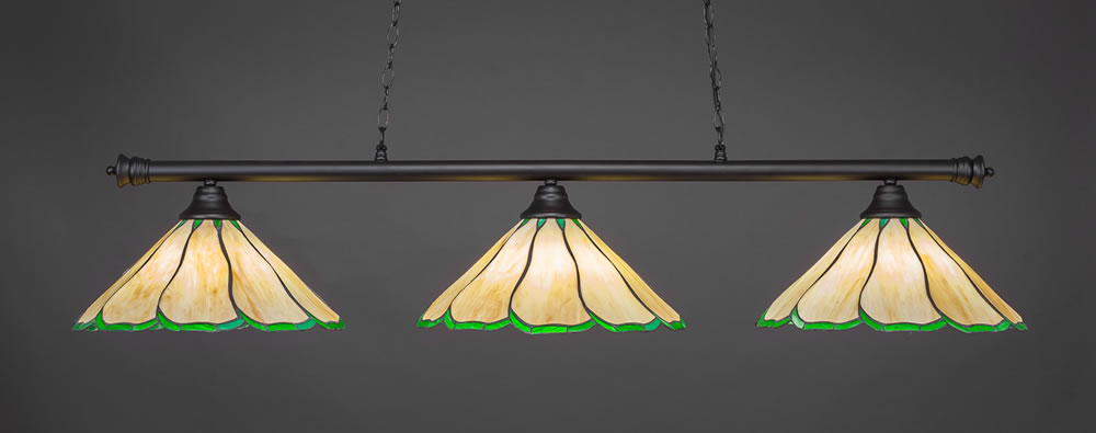 Oxford 3 Light Billiard Light Shown In Matte Black Finish With 16" Honey & Hunter Green Flair Tiffany Glass