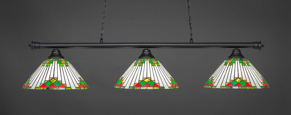 Oxford 3 Light Billiard Light Shown In Matte Black Finish With 15" Green Sunray Tiffany Glass