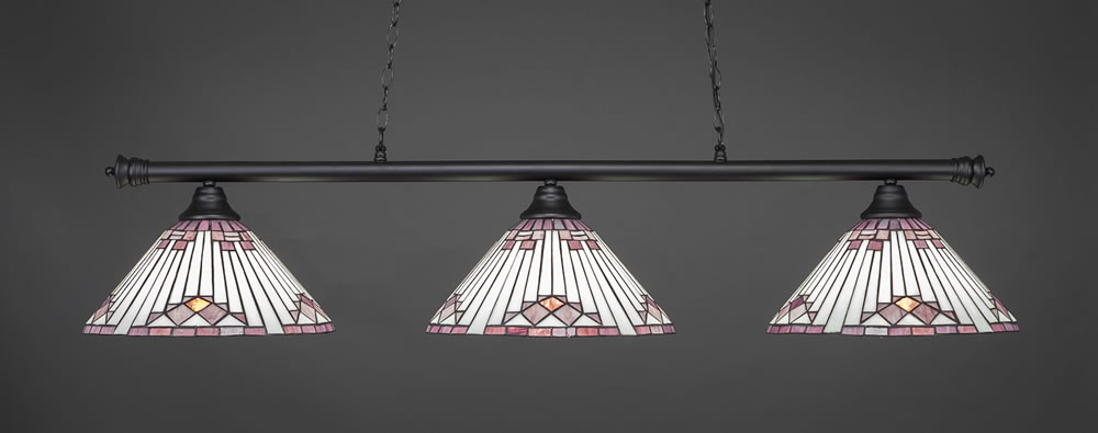 Oxford 3 Light Billiard Light Shown In Matte Black Finish With 15" Purple Sunray Tiffany Glass