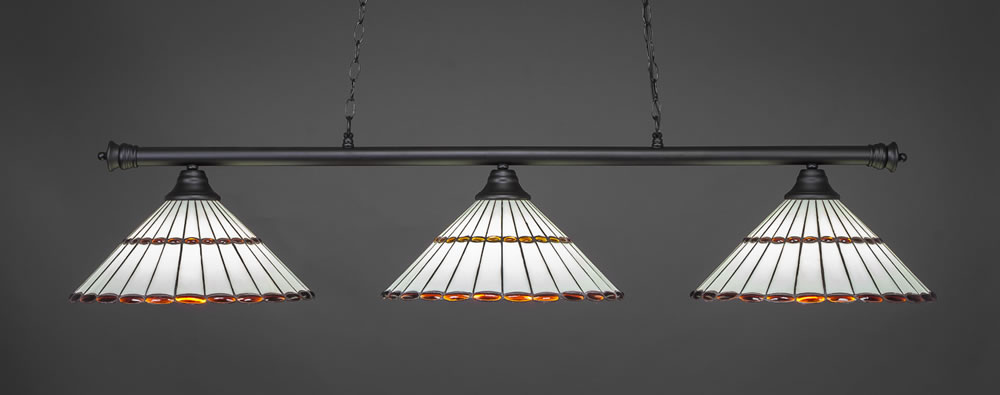 Oxford 3 Light Billiard Light Shown In Matte Black Finish With 15.5" Honey Glass & Amber Brown Jewels Tiffany Glass