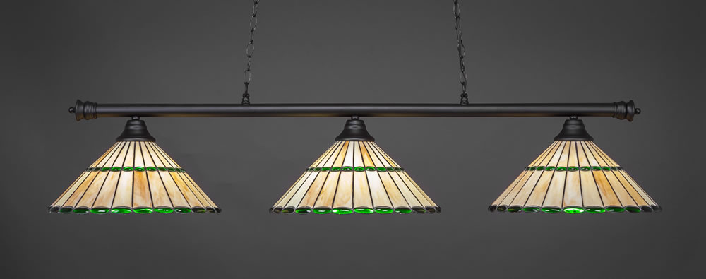 Oxford 3 Light Billiard Light Shown In Matte Black Finish With 15.5" Honey Glass & Green Jewels Tiffany Glass