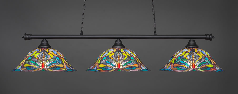 Oxford 3 Light Billiard Light Shown In Matte Black Finish With 19" Kaleidoscope Tiffany Glass