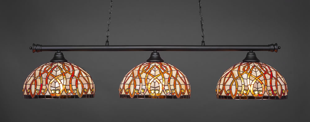 Oxford 3 Light Billiard Light Shown In Matte Black Finish With 15" Persian Nites Tiffany Glass