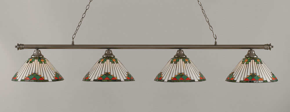 Oxford 4 Light Billiard Light Shown In Brushed Nickel Finish With 15" Green Sunray Tiffany Glass