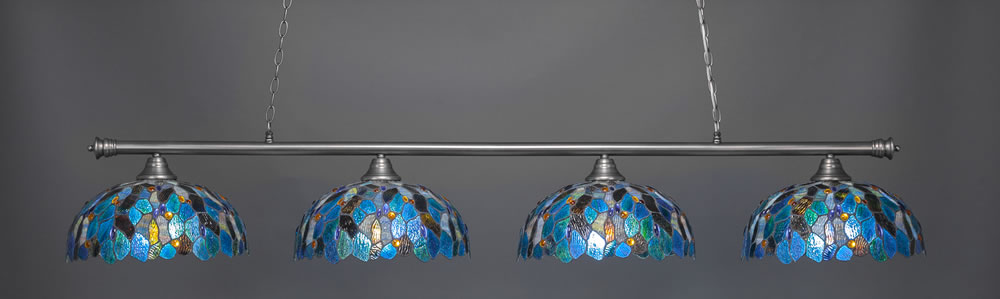 Oxford 4 Light Billiard Light Shown In Brushed Nickel Finish With 16" Blue Mosaic Tiffany Glass