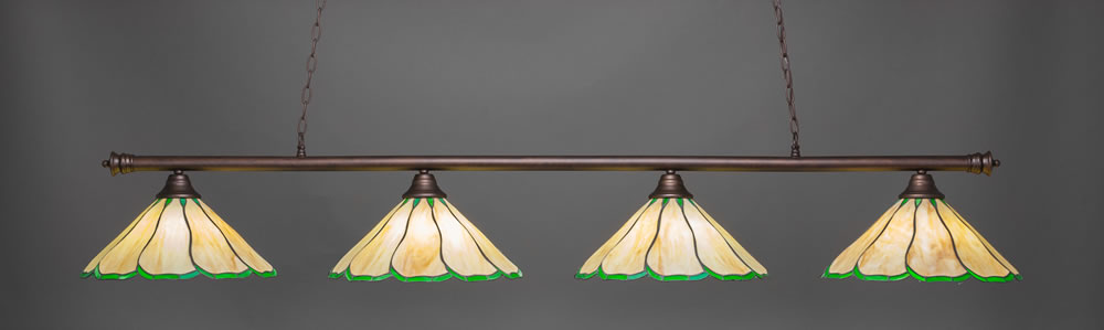 Oxford 4 Light Billiard Light Shown In Bronze Finish With 16" Honey & Hunter Green Flair Tiffany Glass