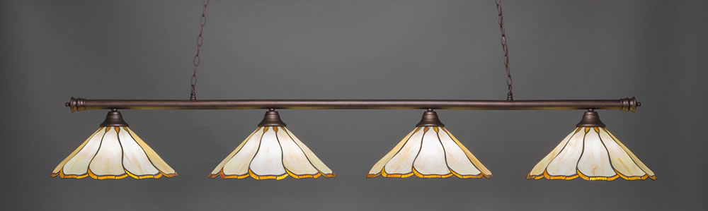 Oxford 4 Light Billiard Light Shown In Bronze Finish With 16" Honey & Brown Flair Tiffany Glass