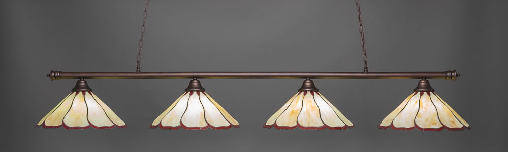 Oxford 4 Light Billiard Light Shown In Bronze Finish With 16" Honey & Burgundy Flair Tiffany Glass