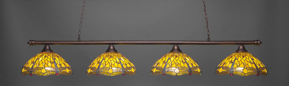 Oxford 4 Light Billiard Light Shown In Bronze Finish With 16" Amber Dragonfly Tiffany Glass