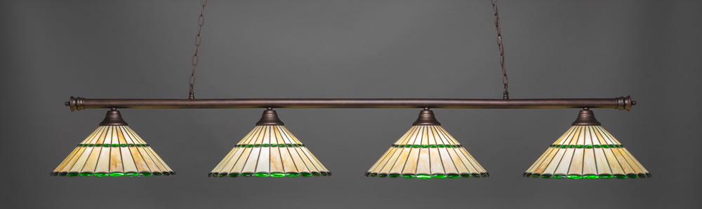 Oxford 4 Light Billiard Light Shown In Bronze Finish With 15.5" Honey Glass & Green Jewels Tiffany Glass