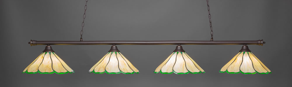 Oxford 4 Light Billiard Light Shown In Dark Granite Finish With 16" Honey & Hunter Green Flair Tiffany Glass