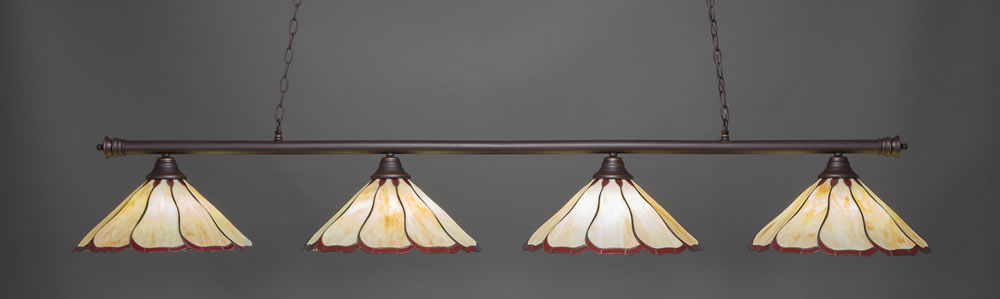 Oxford 4 Light Billiard Light Shown In Dark Granite Finish With 16" Honey & Burgundy Flair Tiffany Glass