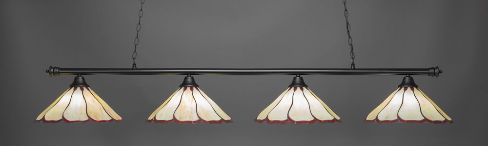Oxford 4 Light Bar Shown In Matte Black Finish With 16" Honey & Burgundy Flair Tiffany Glass