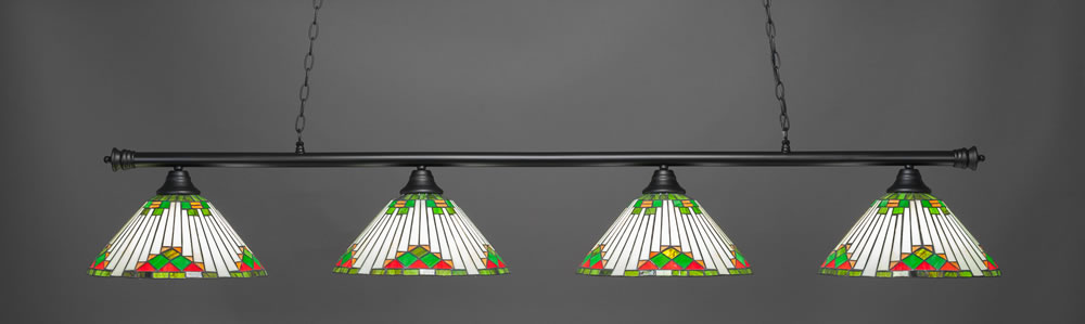 Oxford 4 Light Bar Shown In Matte Black Finish With 15" Green Sunray Tiffany Glass