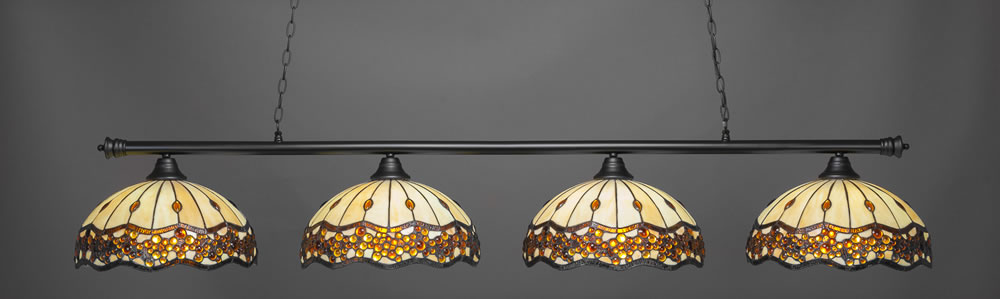 Oxford 4 Light Bar Shown In Matte Black Finish With 16" Roman Jewel Tiffany Glass