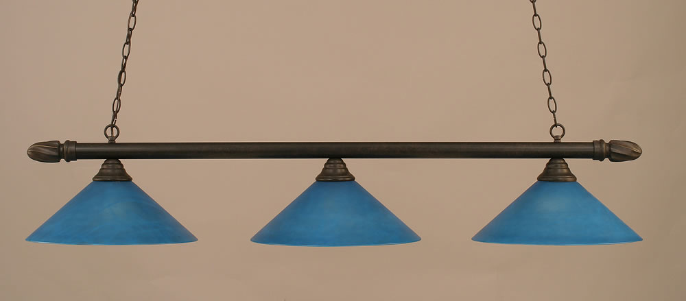 Round 3 Light Billiard Light Shown In Dark Granite Finish With 16" Blue Italian Glass