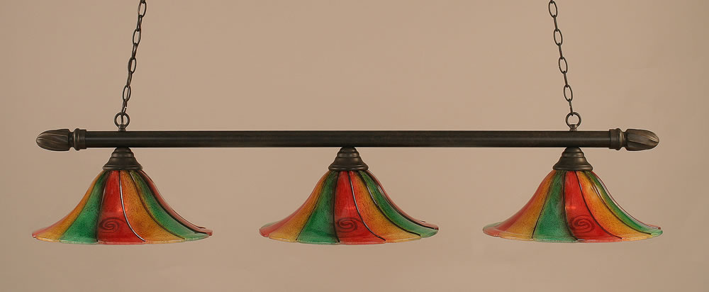 Round 3 Light Billiard Light Shown In Dark Granite Finish With 16" Mardi Gras Glass