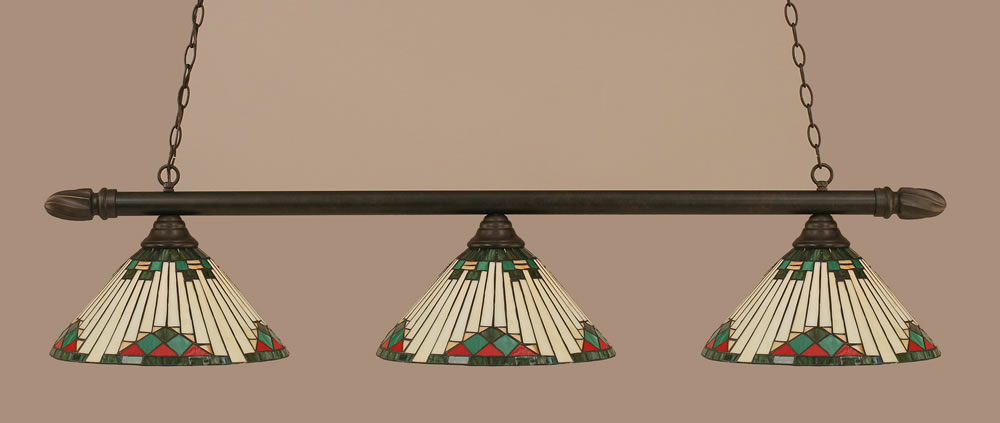 Round 3 Light Billiard Light Shown In Dark Granite Finish With 15" Green Sunray Tiffany Glass