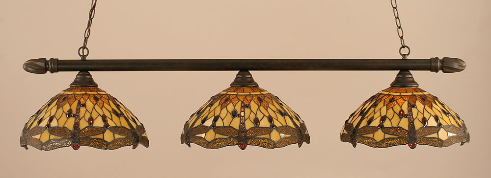 Round 3 Light Billiard Light Shown In Dark Granite Finish With 16" Amber Dragonfly Tiffany Glass