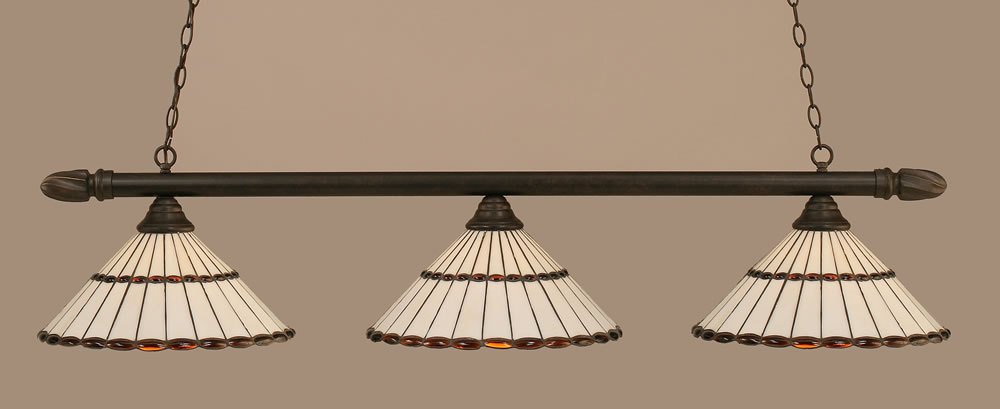 Round 3 Light Billiard Light Shown In Dark Granite Finish With 15.5" Honey Glass & Brown Mission Tiffany Glass