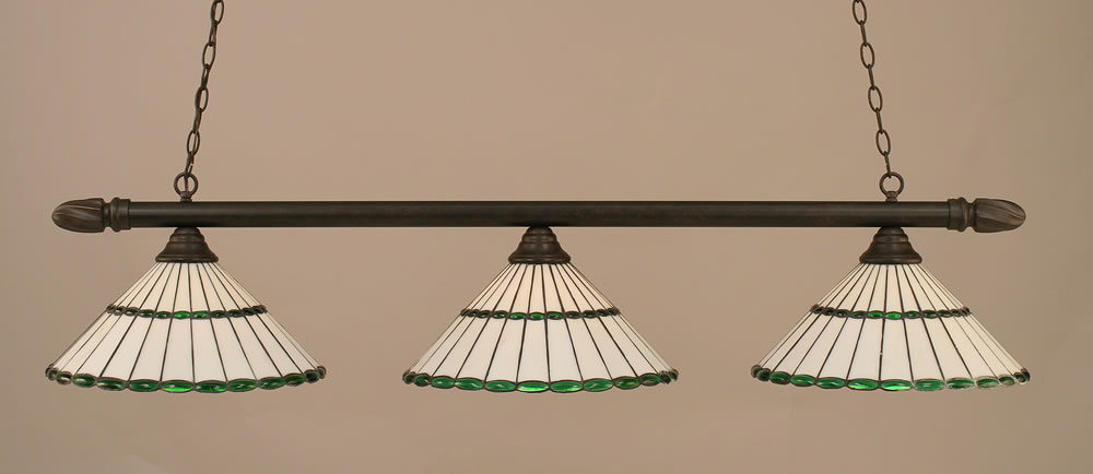 Round 3 Light Billiard Light Shown In Dark Granite Finish With 15.5" Honey Glass & Green Jewels Tiffany Glass