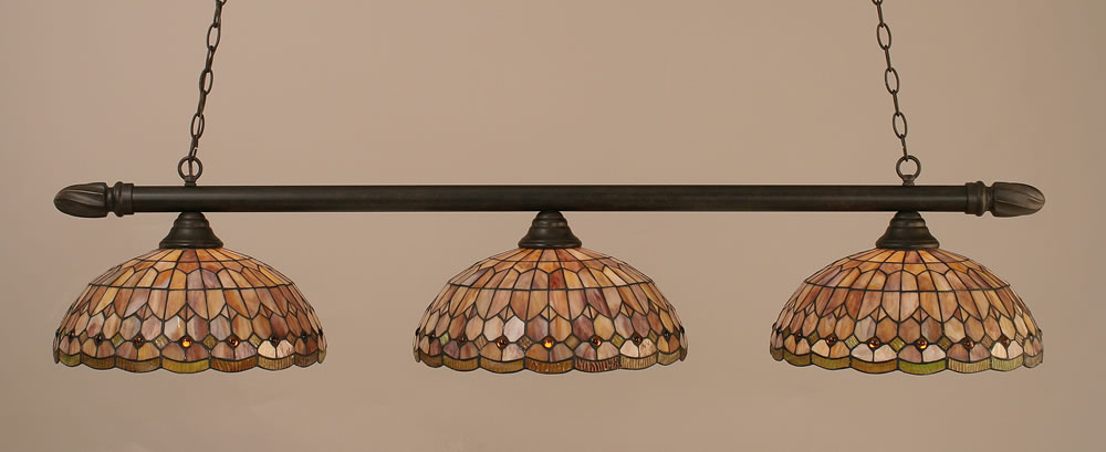 Round 3 Light Billiard Light Shown In Dark Granite Finish With 15" Rosetta Tiffany Glass