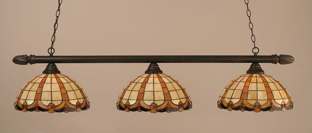 Round 3 Light Billiard Light Shown In Dark Granite Finish With 14.5" Butterscotch Tiffany Glass