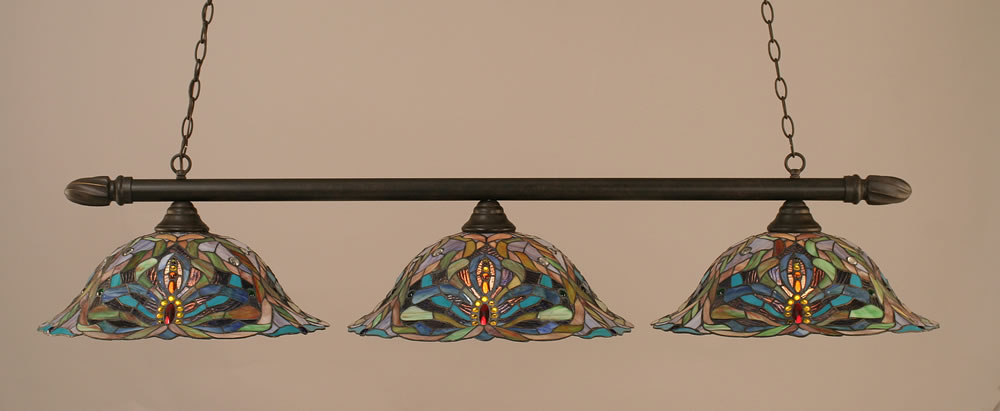 Round 3 Light Billiard Light Shown In Dark Granite Finish With 19" Kaleidoscope Tiffany Glass