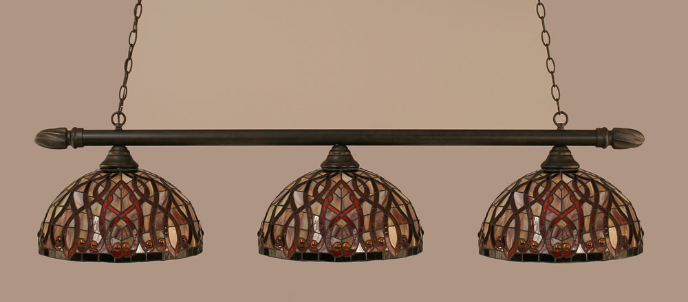 Round 3 Light Billiard Light Shown In Dark Granite Finish With 15" Persian Nites Tiffany Glass