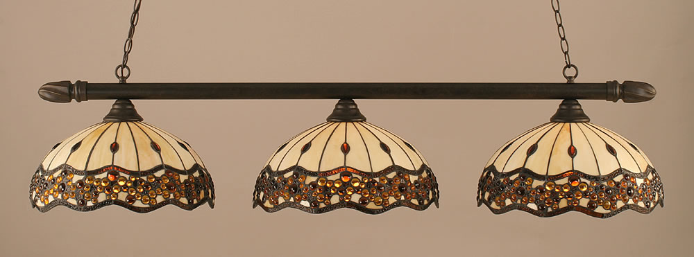 Round 3 Light Billiard Light Shown In Dark Granite Finish With 16" Roman Jewel Tiffany Glass