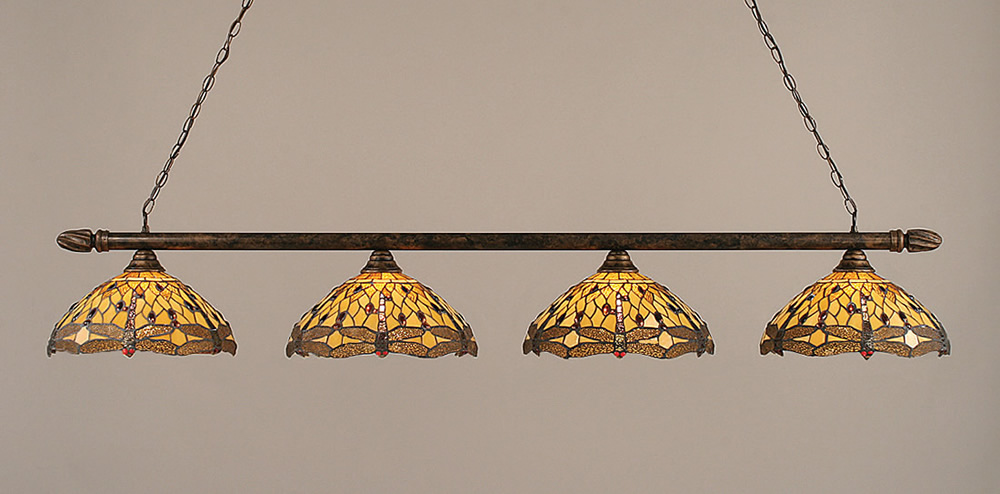 Round 4 Light Billiard Light Shown In Bronze Finish With 16" Amber Dragonfly Tiffany Glass