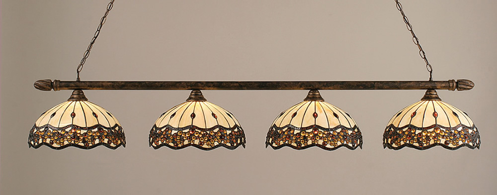 Round 4 Light Billiard Light Shown In Bronze Finish With 16" Roman Jewel Tiffany Glass