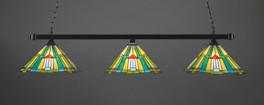 Square 3 Light Bar With Square Fitters Shown In Black Copper Finish With 14" Tango Tiffany Glass