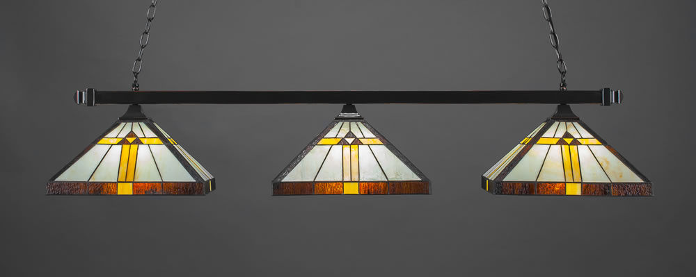 Square 3 Light Bar With Square Fitters Shown In Black Copper Finish With 14" Honey, Brown, & Amber Tiffany Glass