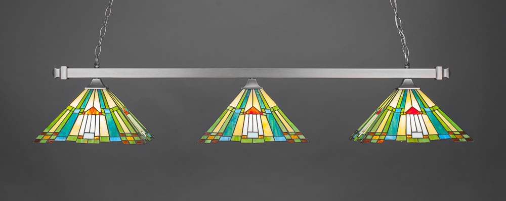 Square 3 Light Bar With Square Fitters Shown In Brushed Nickel Finish With 14" Tango Tiffany Glass