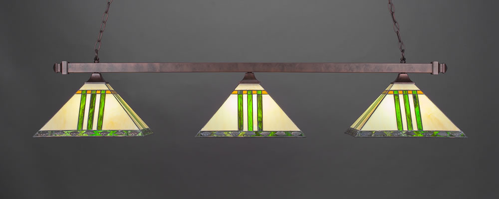 Square 3 Light Bar With Square Fitters Shown In Bronze Finish With 14" Green & Metal Leaf Tiffany Glass