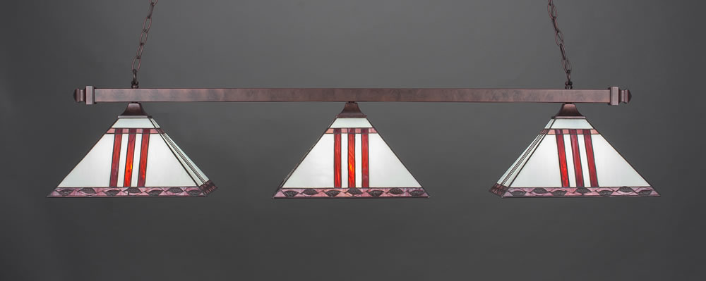 Square 3 Light Bar With Square Fitters Shown In Bronze Finish With 14" Purple & Metal Leaf Tiffany Glass