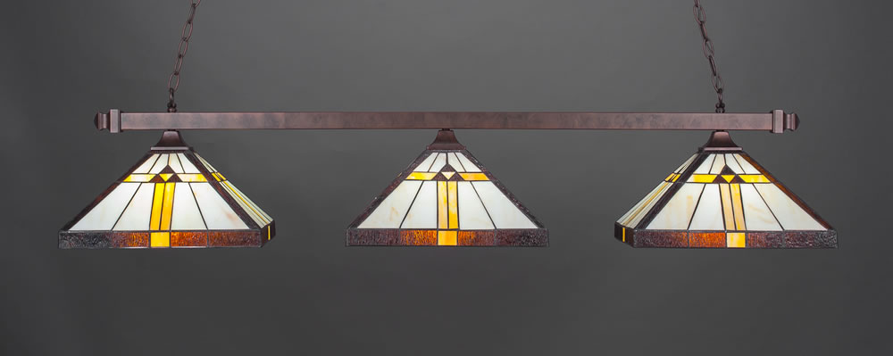 Square 3 Light Bar With Square Fitters Shown In Bronze Finish With 14" Hone, Brown, & Amber Tiffany Glass
