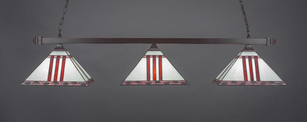 Square 3 Light Bar With Square Fitters Shown In Dark Granite Finish With 14" Purple & Metal Leaf Tiffany Glass