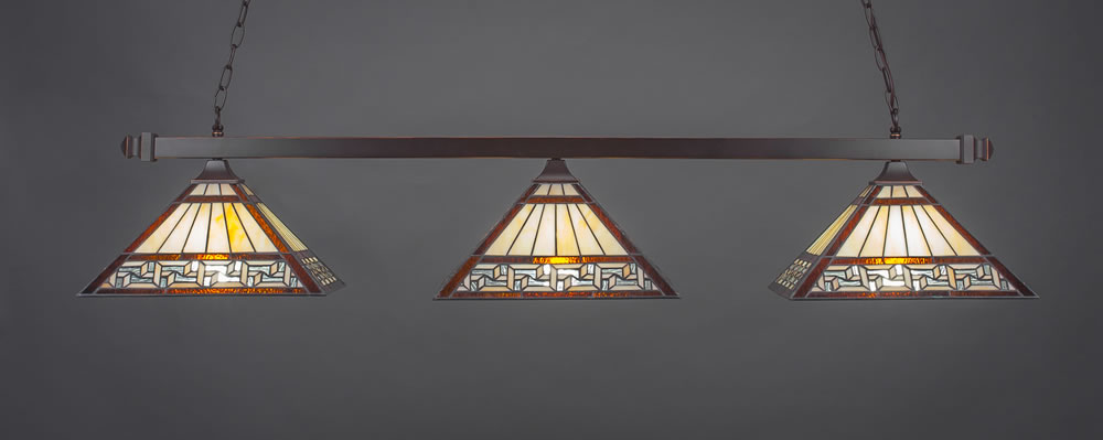 Square 3 Light Bar With Square Fitters Shown In Dark Granite Finish With 14" Greek Key Tiffany Glass