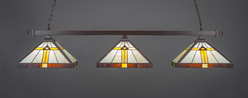 Square 3 Light Bar With Square Fitters Shown In Dark Granite Finish With 14" Hone, Brown, & Amber Tiffany Glass