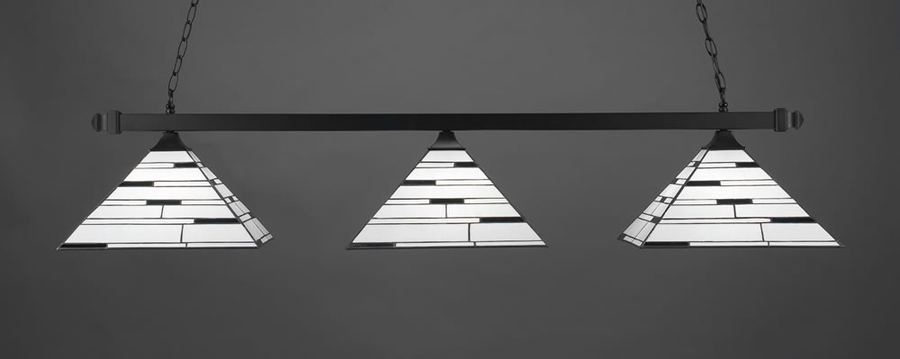 Square 3 Light Bar With Square Fitters Shown In Matte Black Finish With 14" Pearl Ebony Tiffany Glass