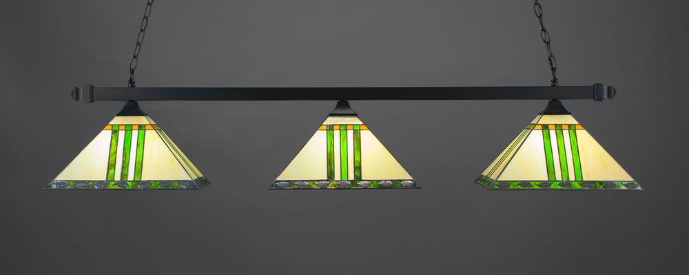 Square 3 Light Bar With Square Fitters Shown In Matte Black Finish With 14" Green & Metal Leaf Tiffany Glass