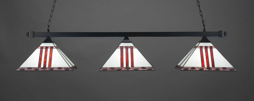 Square 3 Light Bar With Square Fitters Shown In Matte Black Finish With 14" Purple & Metal Leaf Tiffany Glass