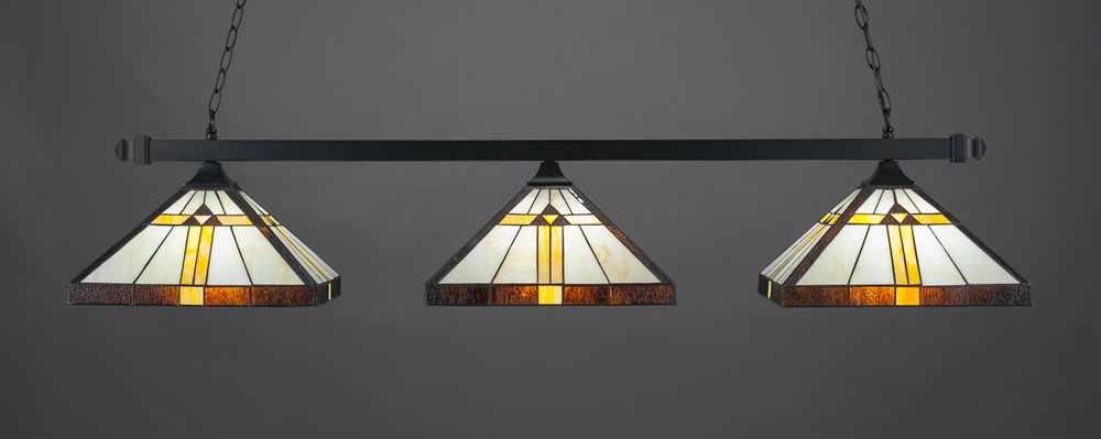 Square 3 Light Bar With Square Fitters Shown In Matte Black Finish With 14" Hone, Brown, & Amber Tiffany Glass
