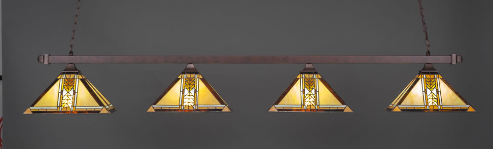 Square 4 Light Billiard Light Shown In Bronze Finish With 14" Santa Cruz Tiffany Glass