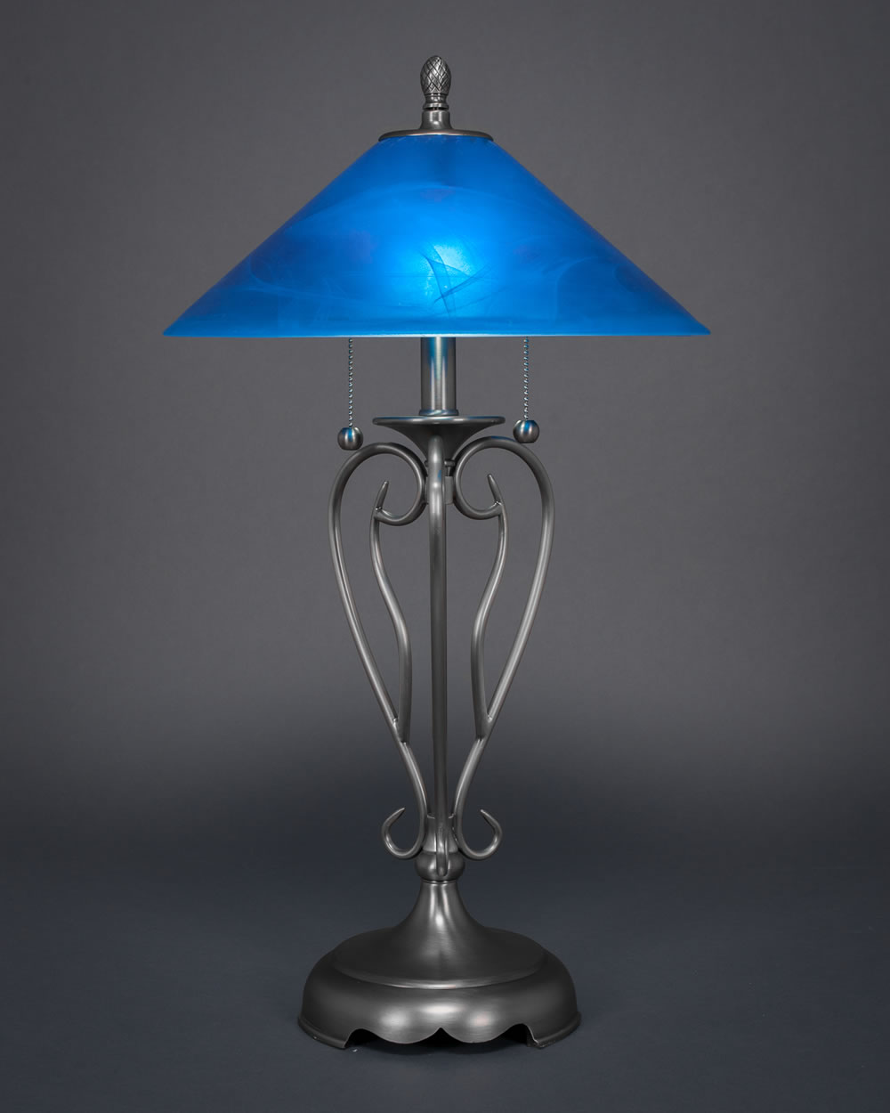 Olde Iron Table Lamp Shown In Brushed Nickel With 16" Blue Italian Glass