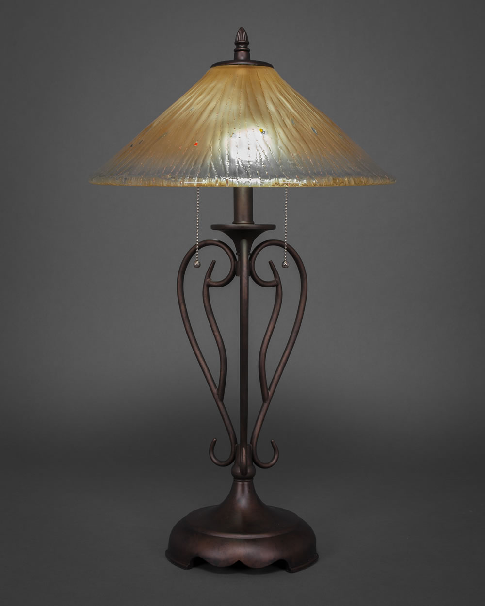 Olde Iron Table Lamp Shown In Bronze With 16" Amber Crystal Glass
