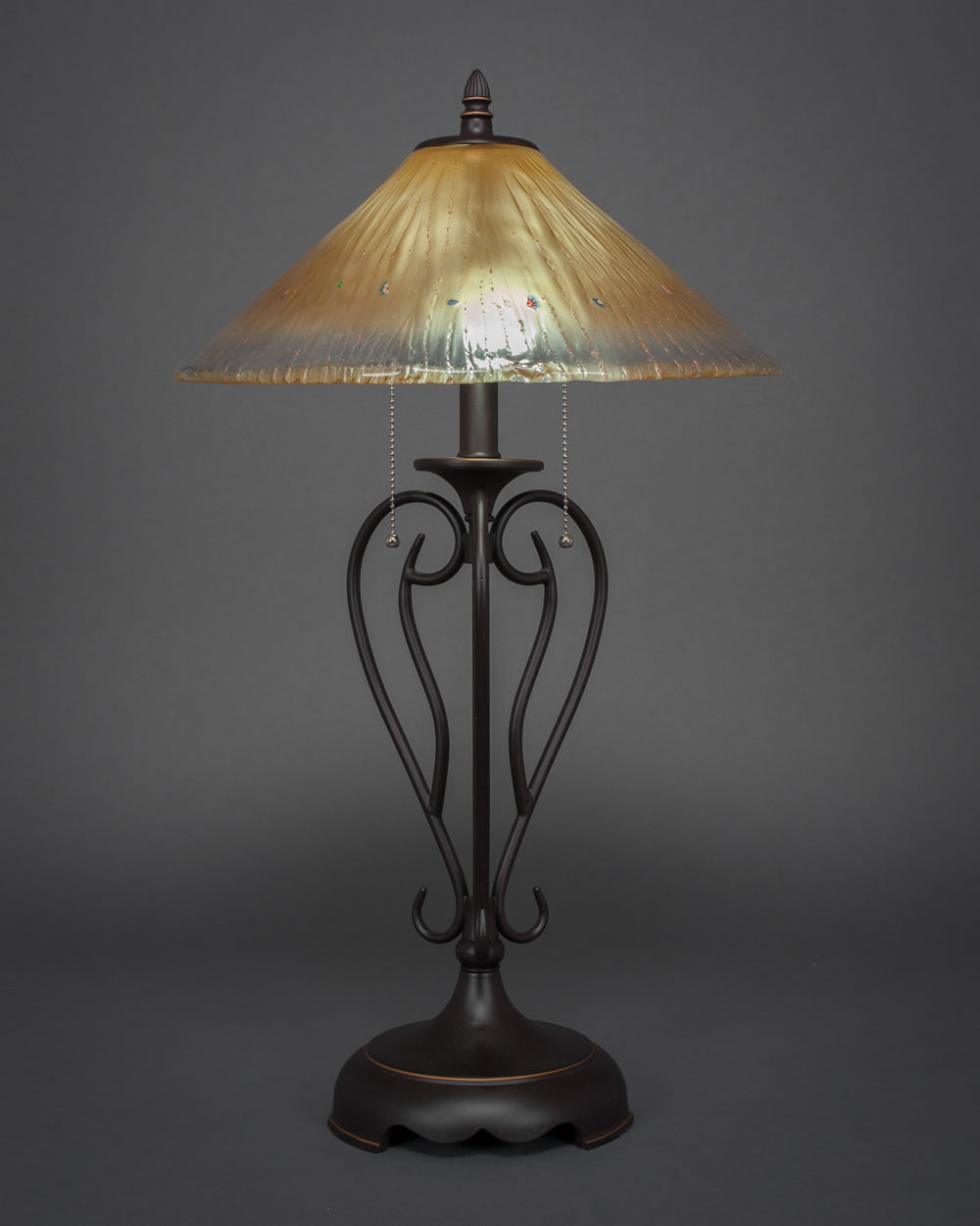 Olde Iron Table Lamp Shown In Dark Granite Finish With 16" Amber Crystal Glass