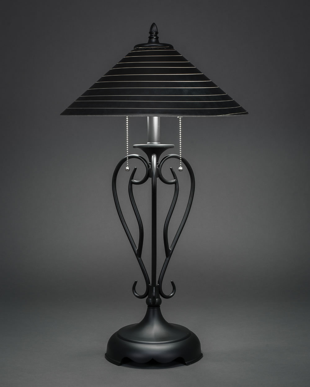 Olde Iron Table Lamp Shown In Matte Black Finish With 16" Charcoal Spiral Glass
